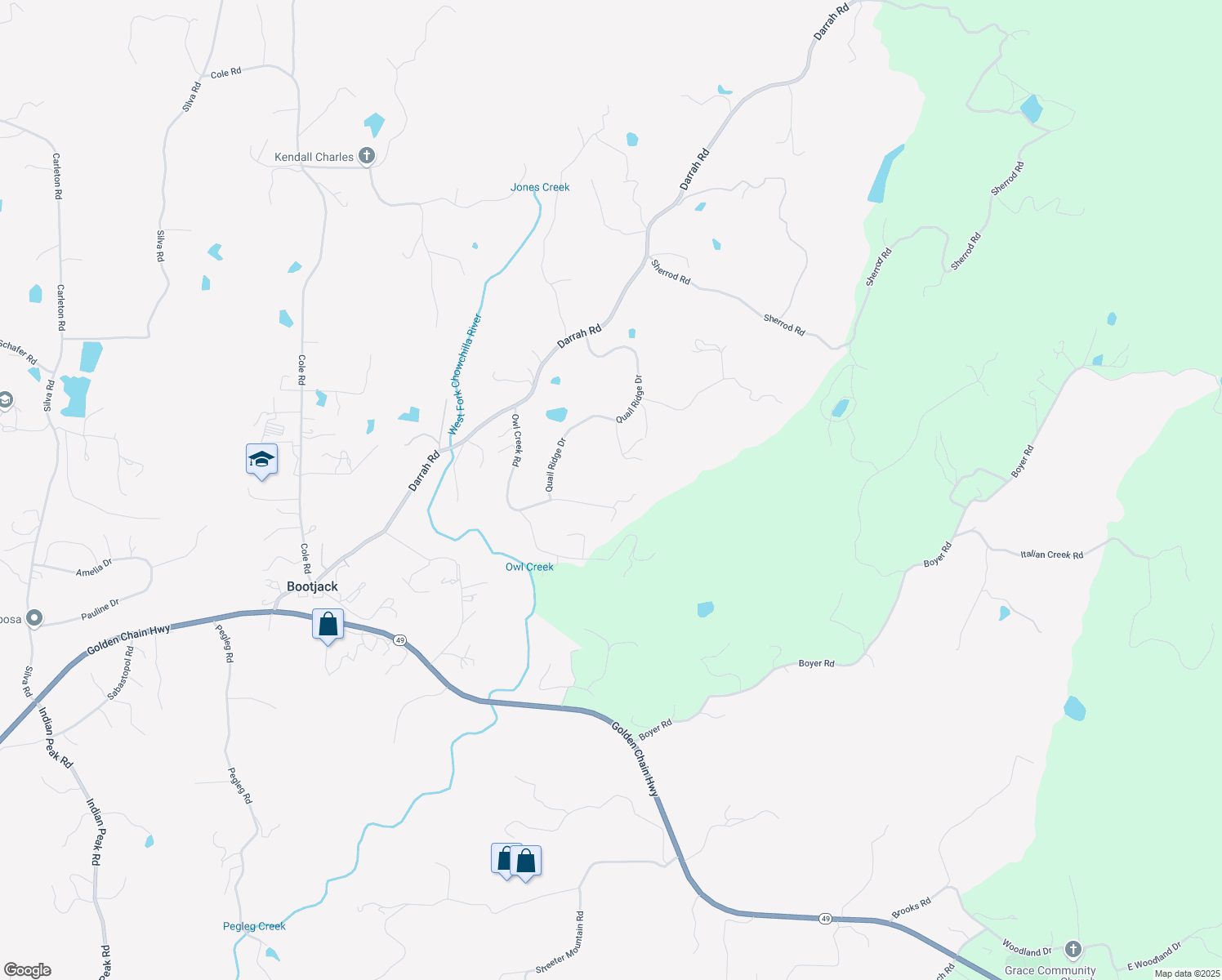 map of restaurants, bars, coffee shops, grocery stores, and more near 3848 Owl Creek Road in Mariposa