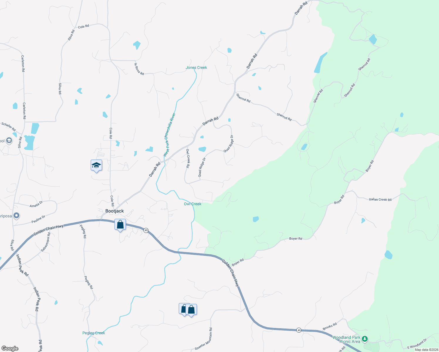 map of restaurants, bars, coffee shops, grocery stores, and more near 3848 Owl Creek Road in Mariposa