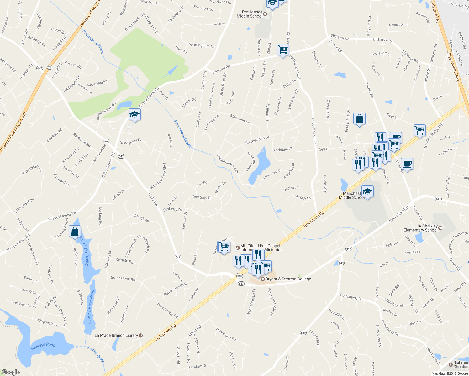 map of restaurants, bars, coffee shops, grocery stores, and more near 8101 Rasper Court in Richmond