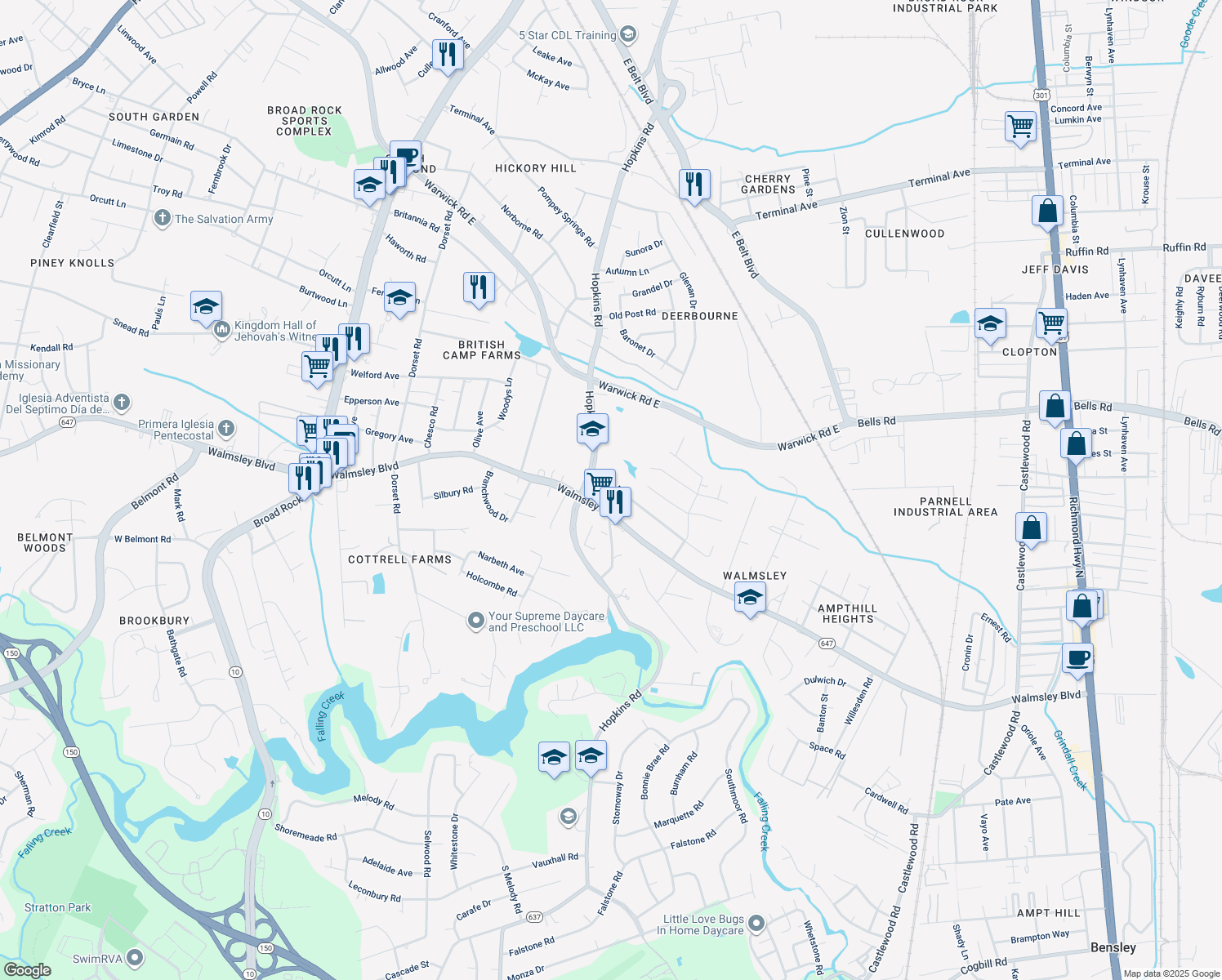 map of restaurants, bars, coffee shops, grocery stores, and more near 3919 Rusk Avenue in Richmond