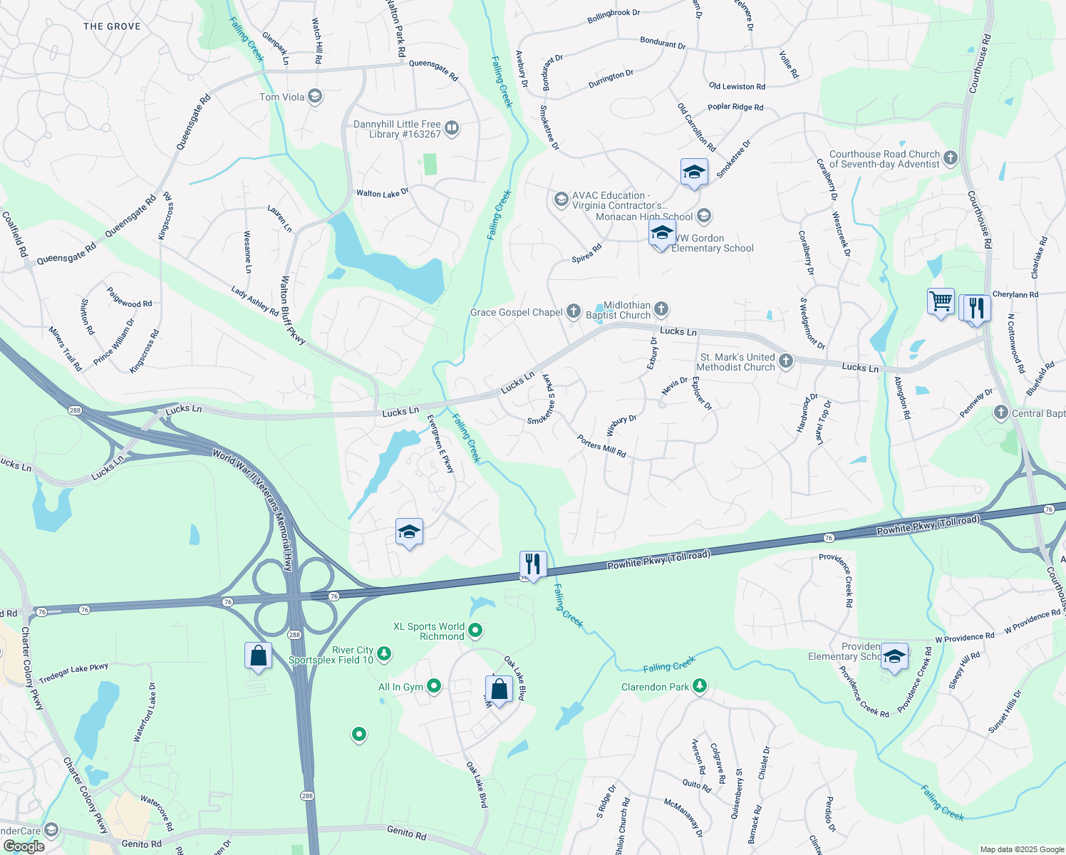 map of restaurants, bars, coffee shops, grocery stores, and more near 12136 Mansfield Terrace in Midlothian