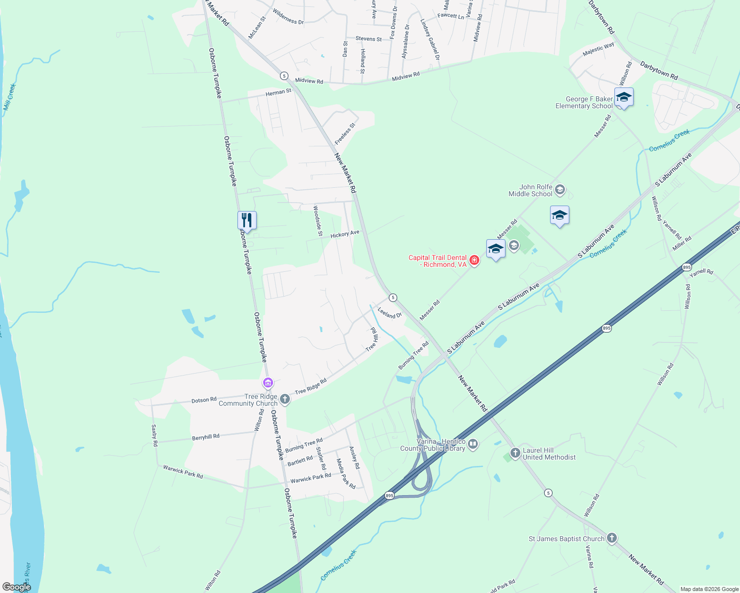 map of restaurants, bars, coffee shops, grocery stores, and more near 1600 Leeland Court in Richmond