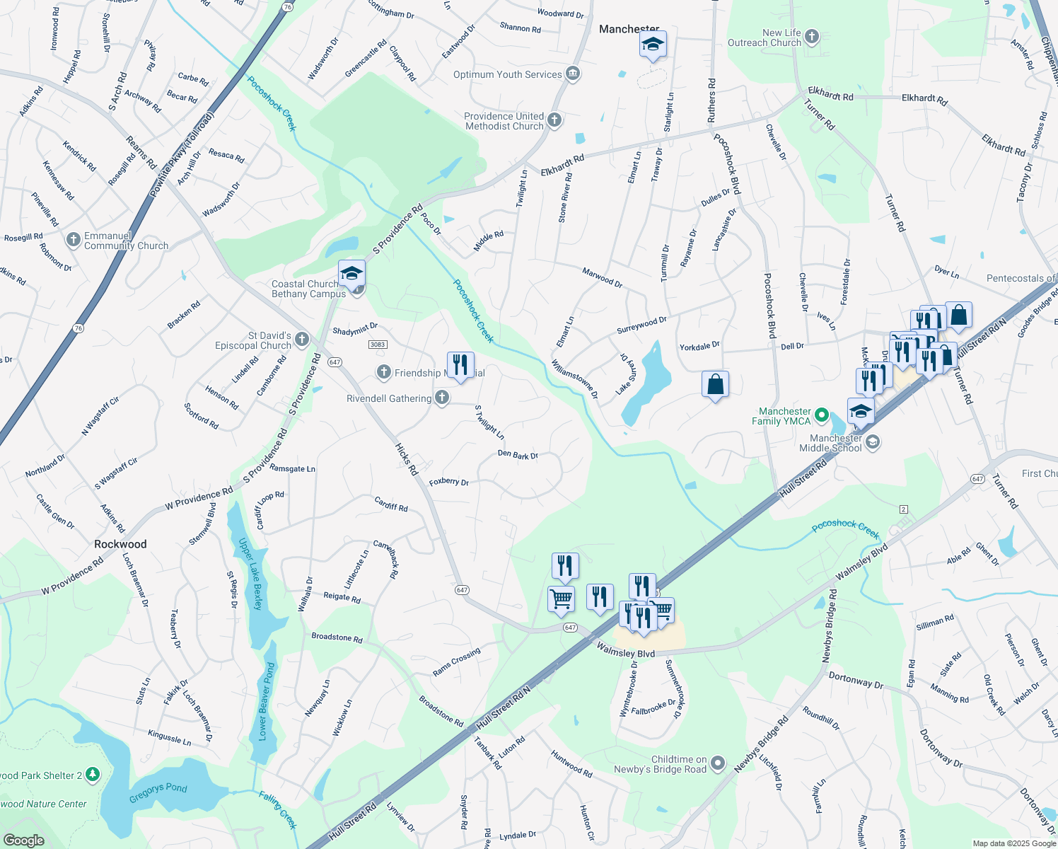 map of restaurants, bars, coffee shops, grocery stores, and more near 2201 Oxer Court in Richmond