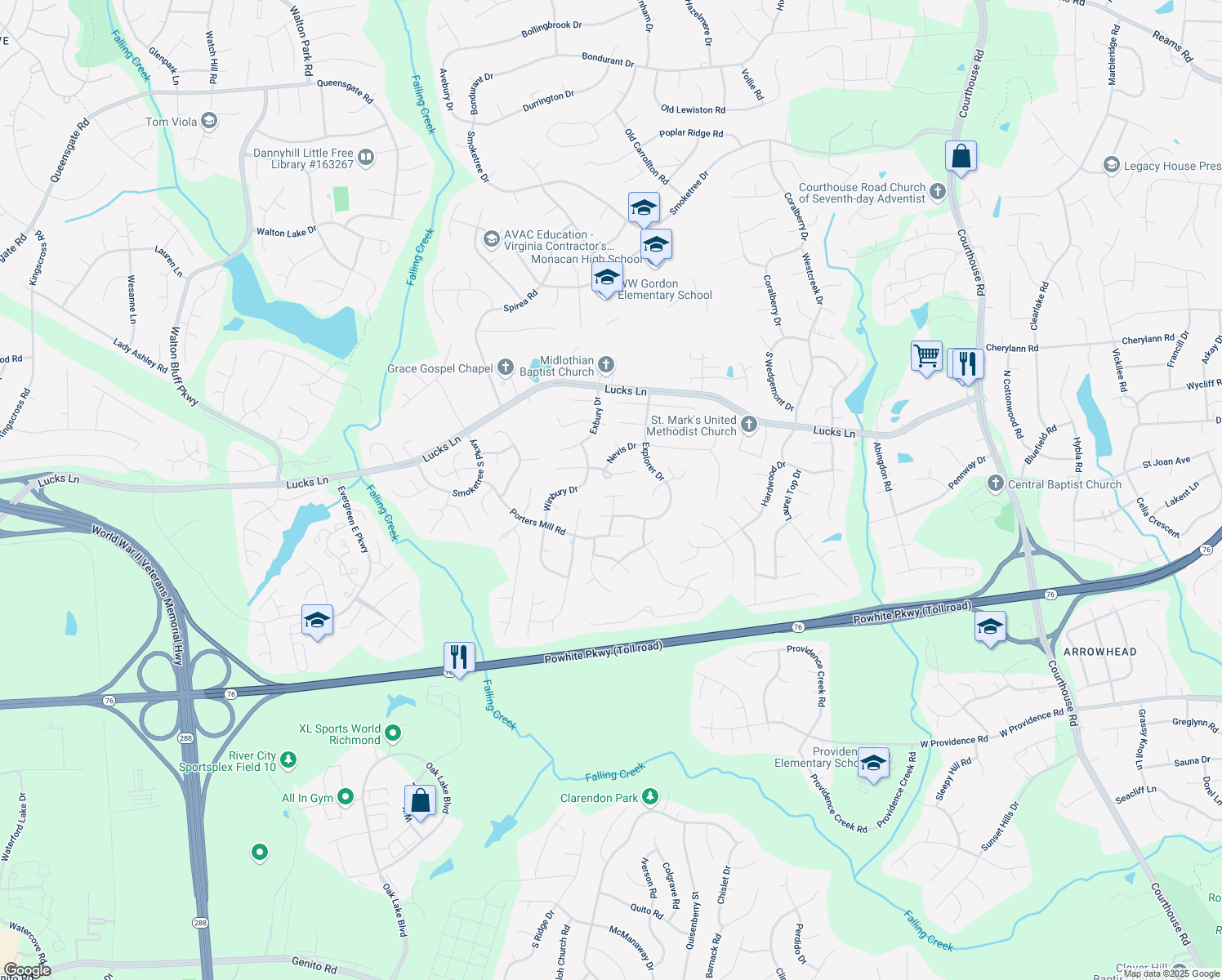 map of restaurants, bars, coffee shops, grocery stores, and more near 11800 Marigold Ct in Midlothian