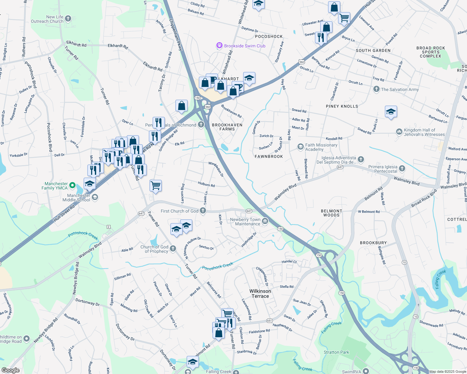 map of restaurants, bars, coffee shops, grocery stores, and more near 6310 Wimbledon Drive in Richmond