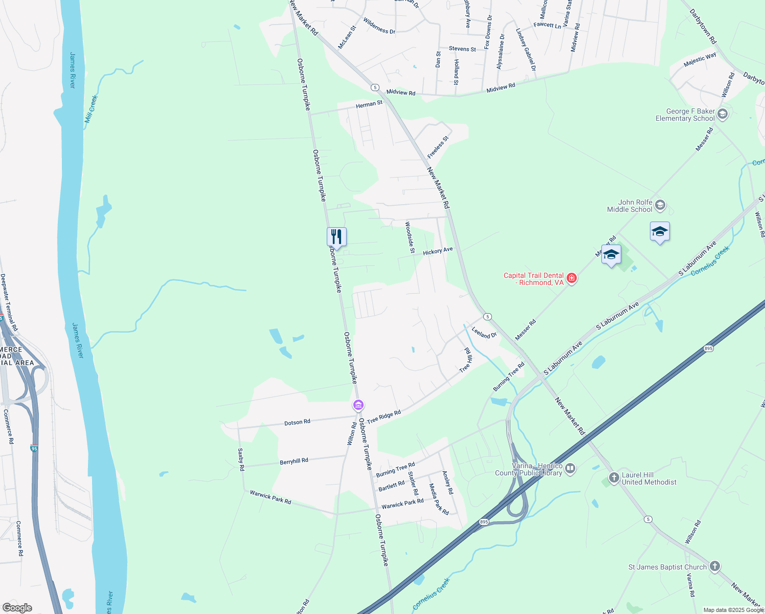 map of restaurants, bars, coffee shops, grocery stores, and more near 1571 Village Field Drive in Richmond