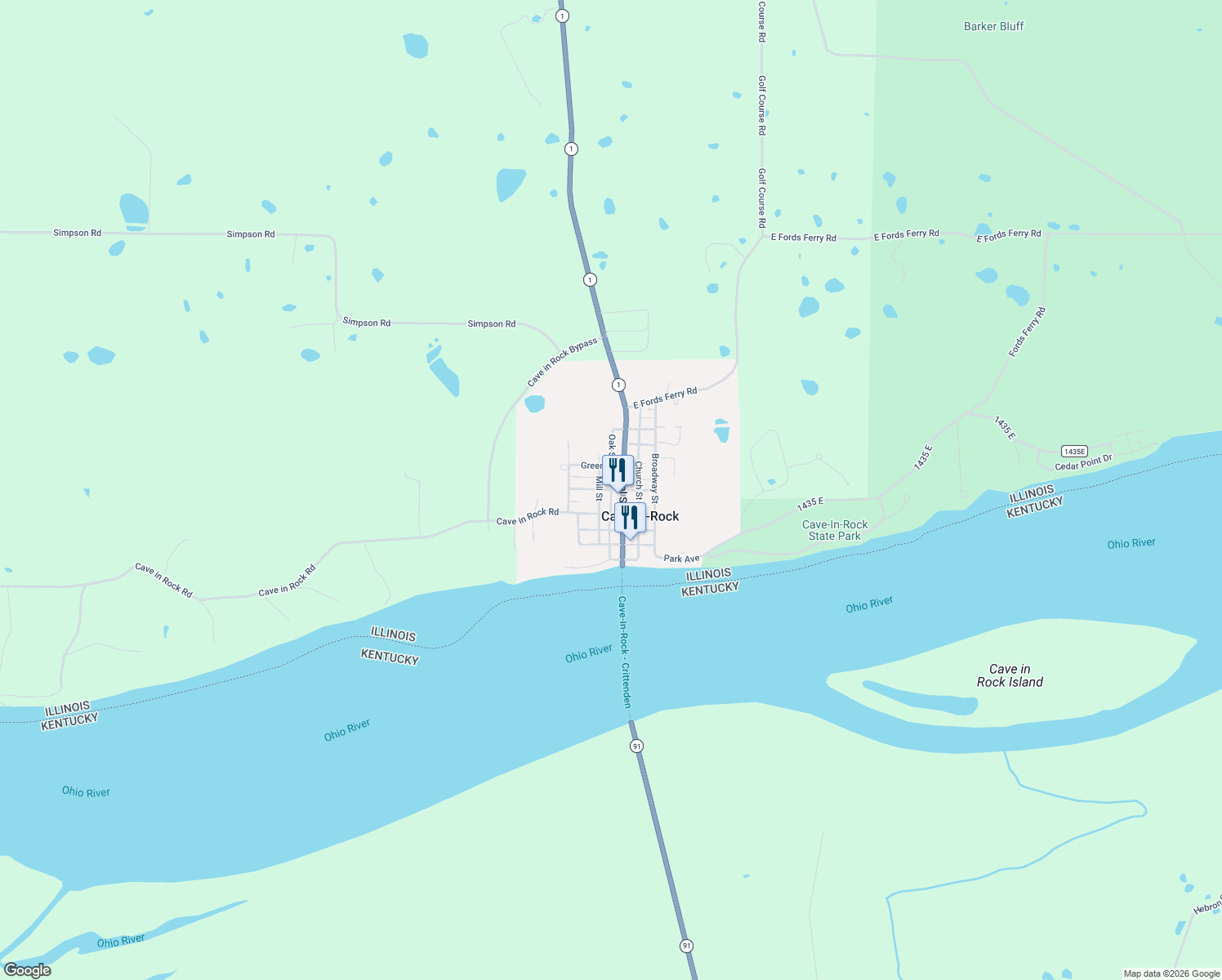 map of restaurants, bars, coffee shops, grocery stores, and more near Jefferson Street in Cave-In-Rock