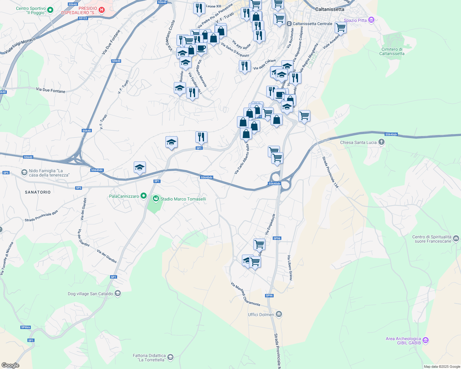 map of restaurants, bars, coffee shops, grocery stores, and more near Via Carlo Alberto dalla Chiesa in Caltanissetta