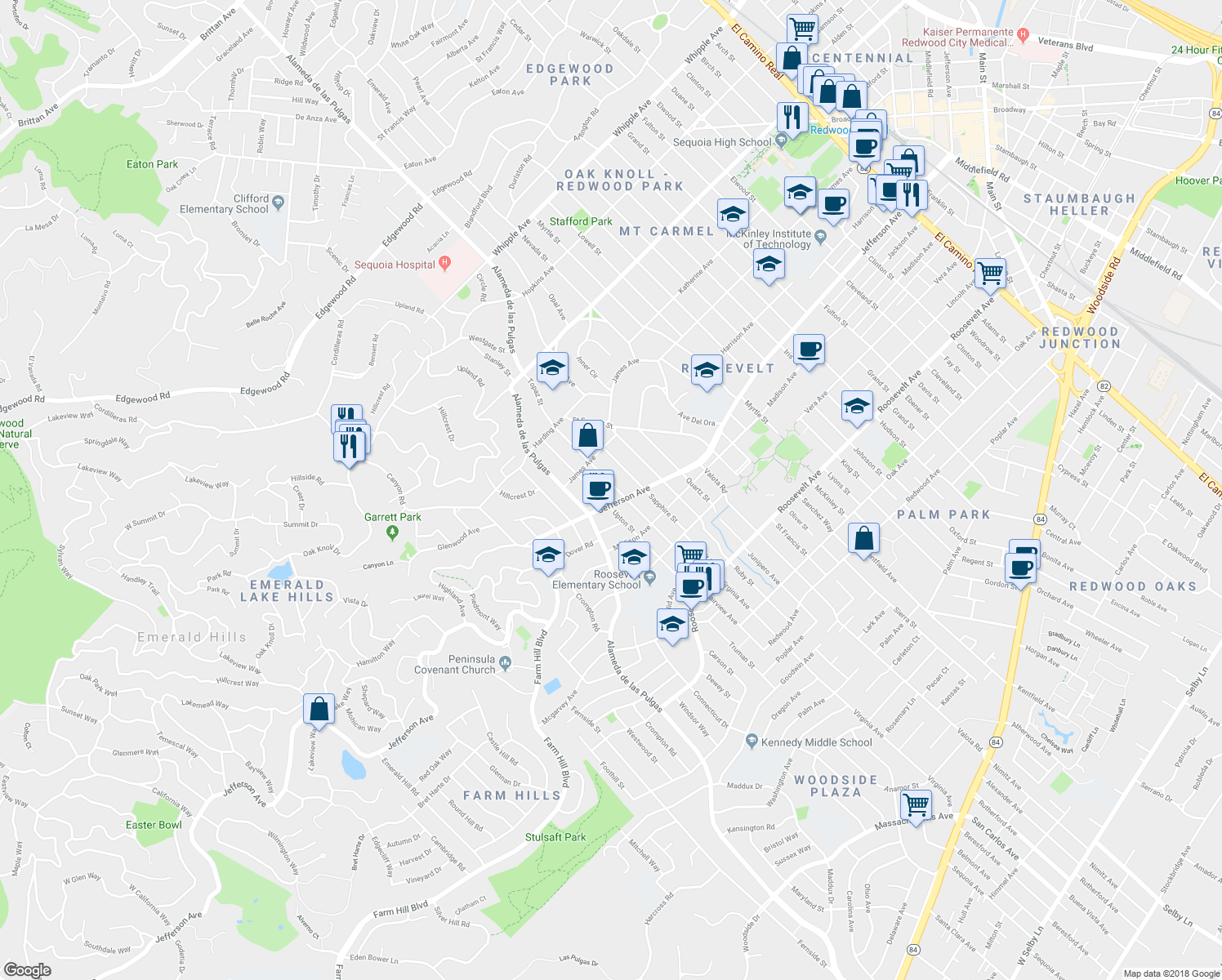 map of restaurants, bars, coffee shops, grocery stores, and more near 542 Topaz Street in Redwood City