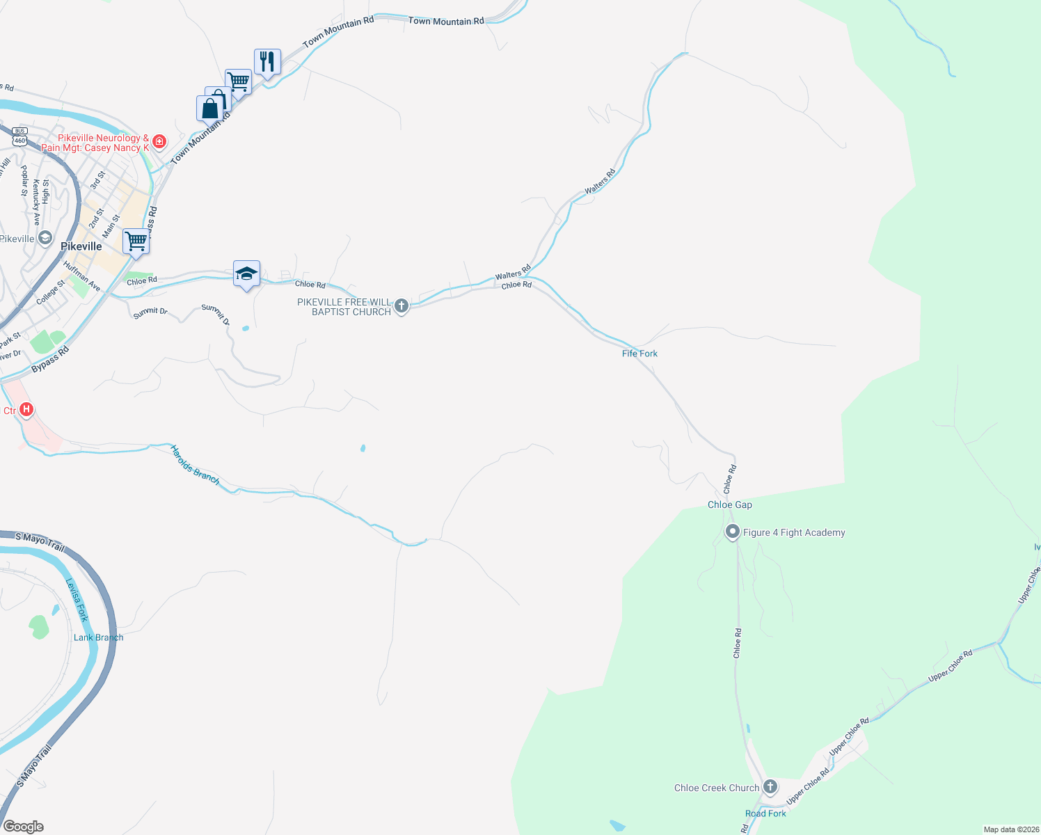 map of restaurants, bars, coffee shops, grocery stores, and more near 1003 Harolds Branch Road in Pikeville