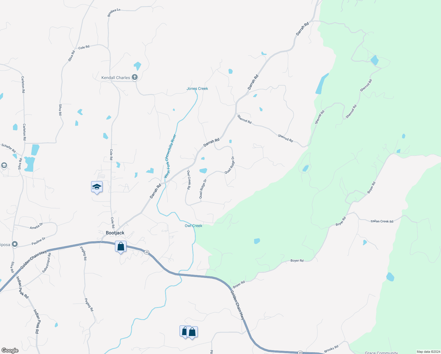 map of restaurants, bars, coffee shops, grocery stores, and more near 3610 Quail Ridge Drive in Mariposa