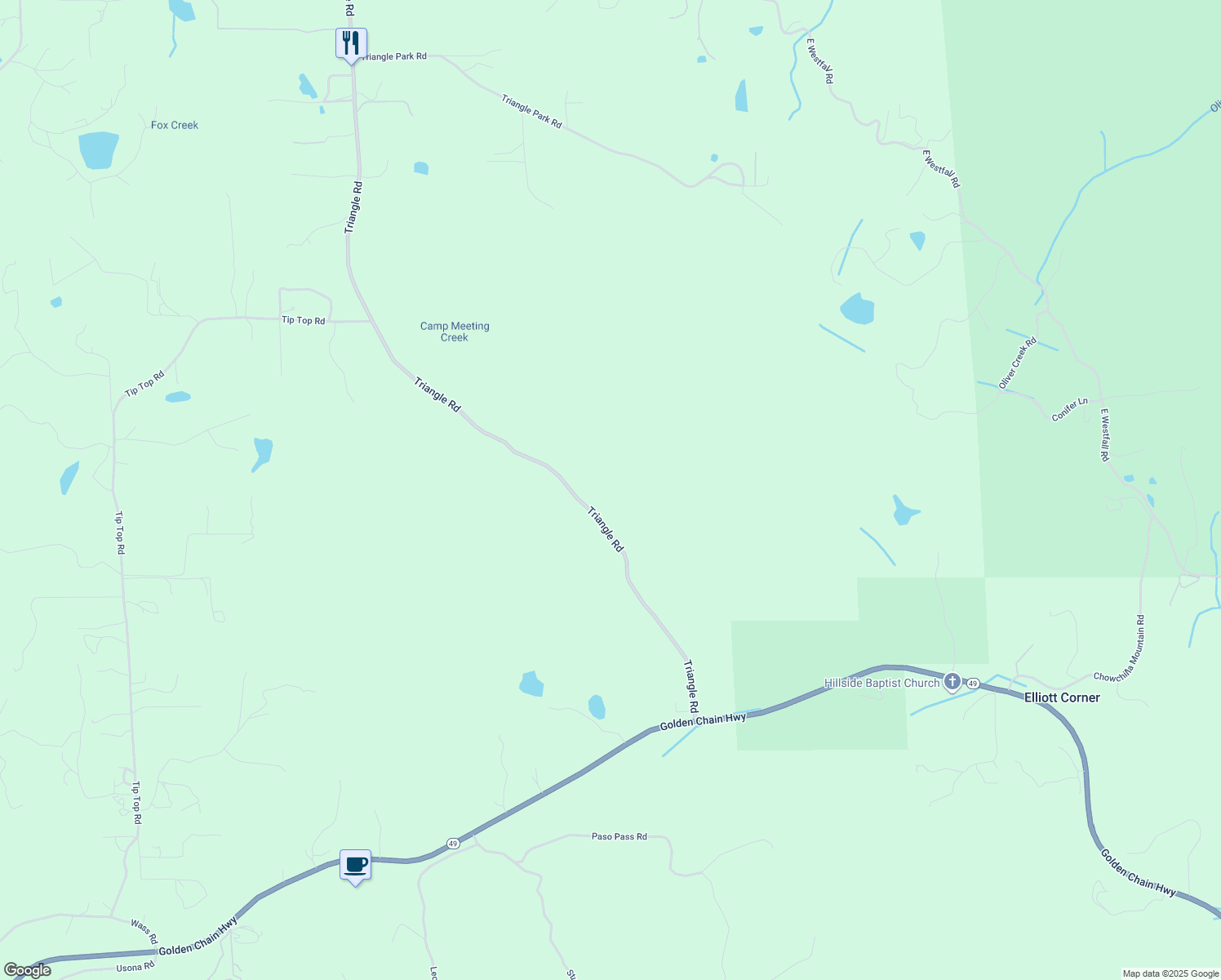 map of restaurants, bars, coffee shops, grocery stores, and more near Triangle Road in Mariposa County