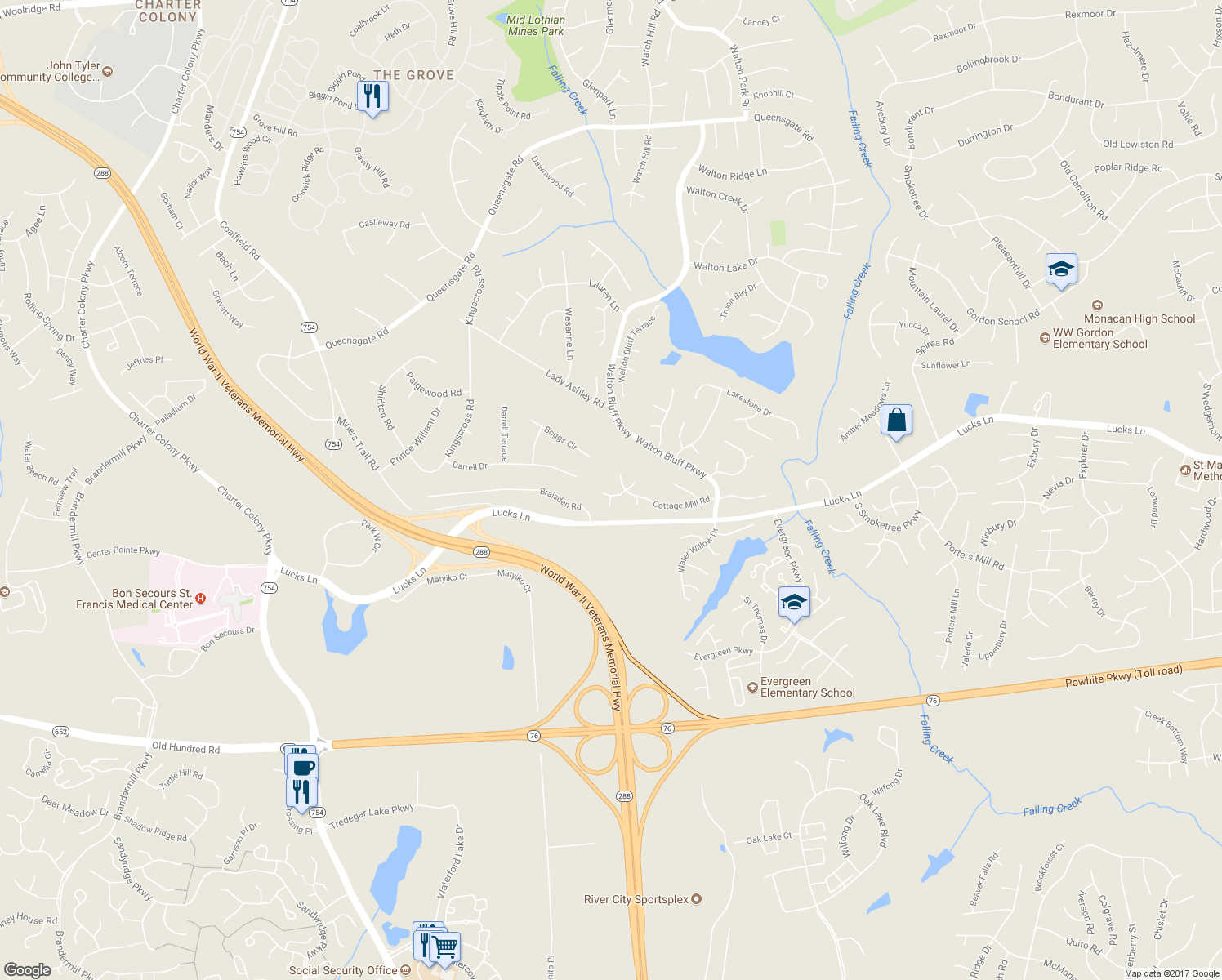 map of restaurants, bars, coffee shops, grocery stores, and more near 12912 Cottage Mill Place in Midlothian