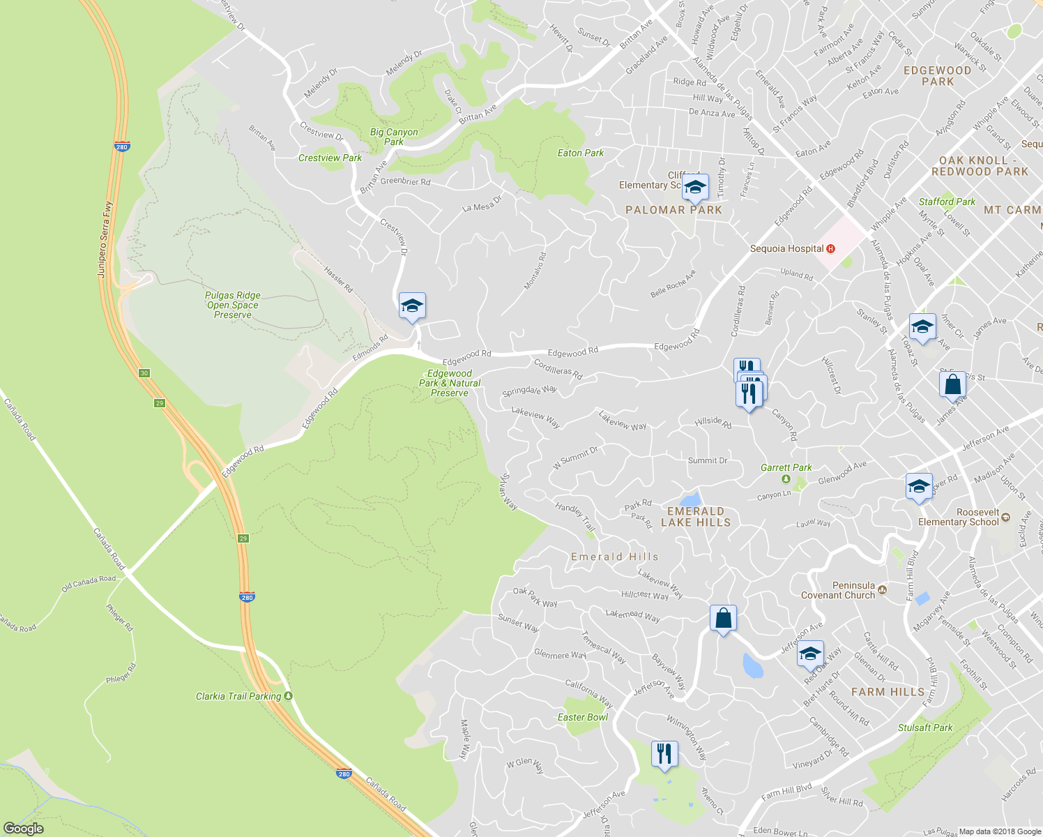 map of restaurants, bars, coffee shops, grocery stores, and more near 203 Sylvan Way in Emerald Hills