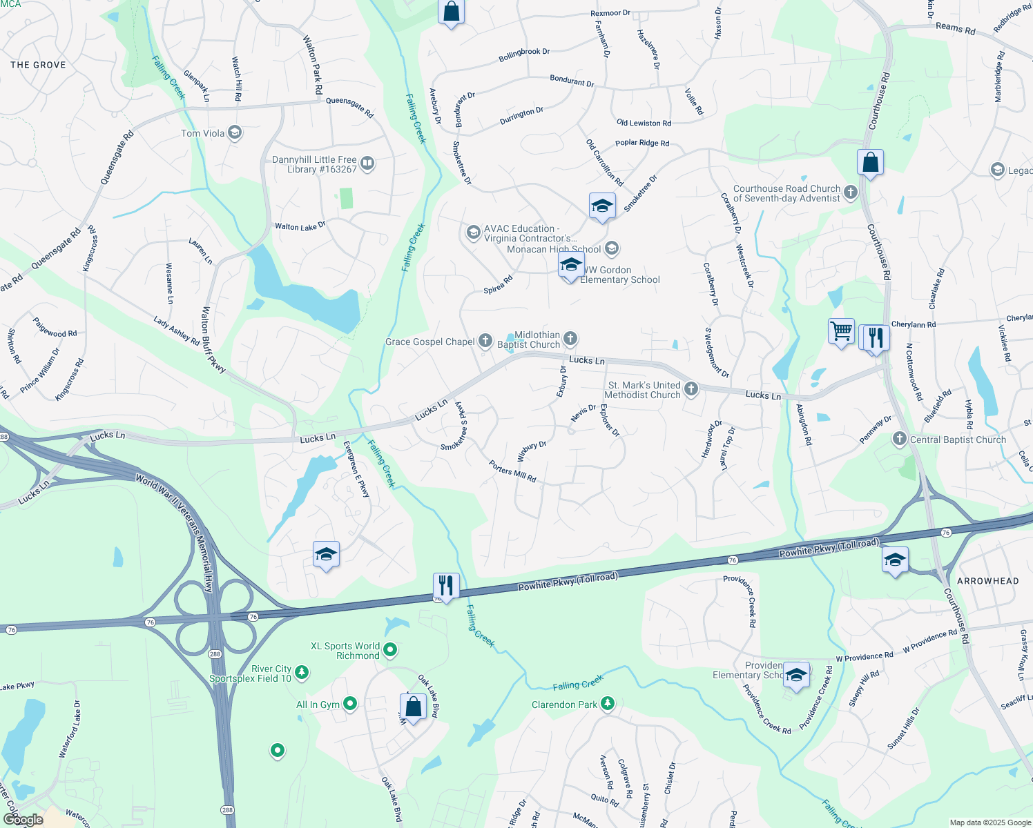 map of restaurants, bars, coffee shops, grocery stores, and more near 11902 Lockett Ridge Pl in Midlothian