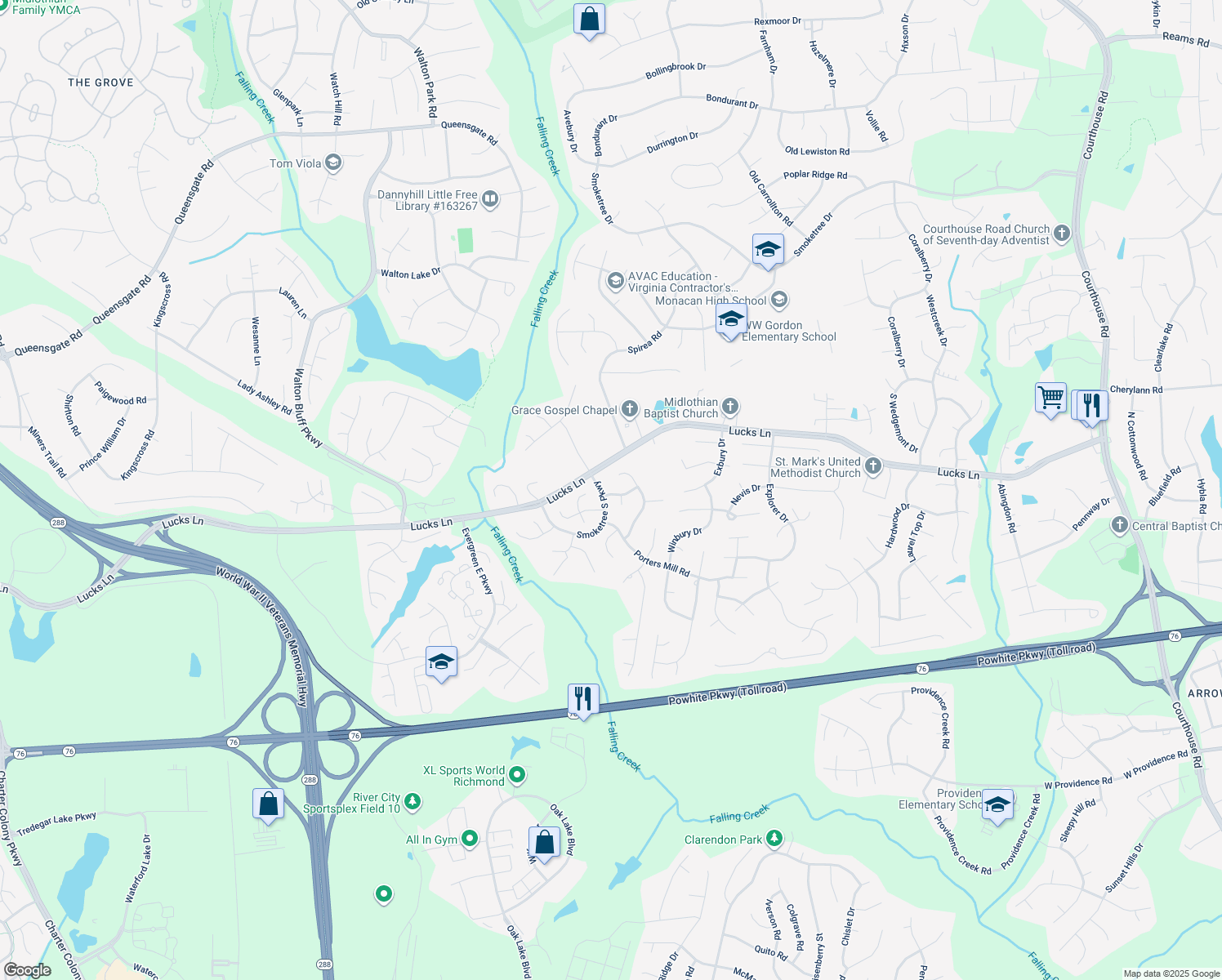 map of restaurants, bars, coffee shops, grocery stores, and more near 12030 Lockett Ridge Avenue in Midlothian