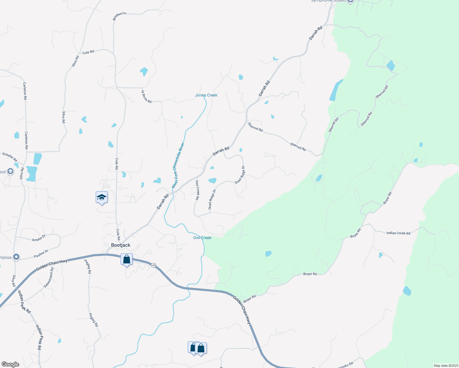 map of restaurants, bars, coffee shops, grocery stores, and more near 3610 Quail Ridge Drive in Mariposa