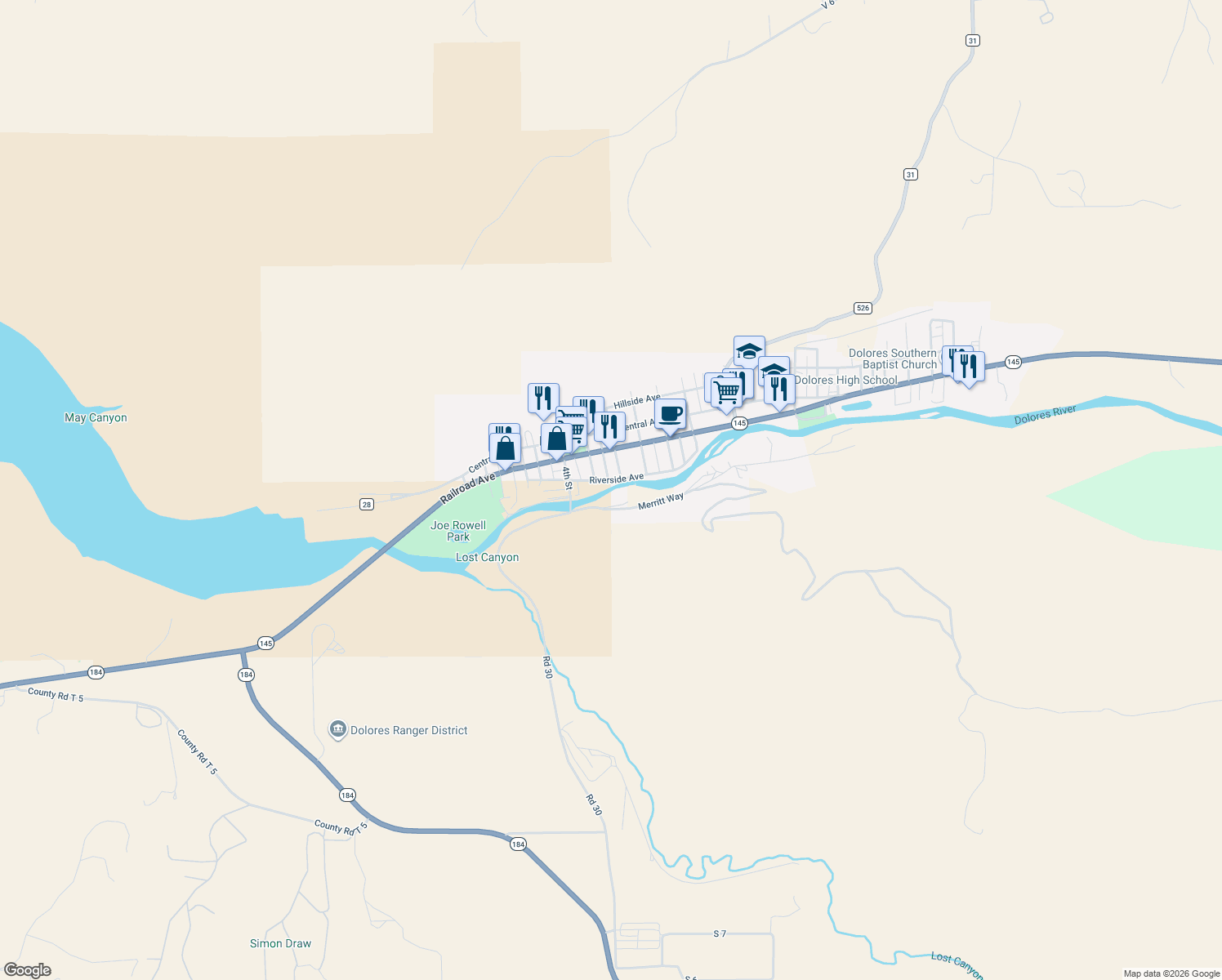 map of restaurants, bars, coffee shops, grocery stores, and more near 30250 County Road U in Dolores