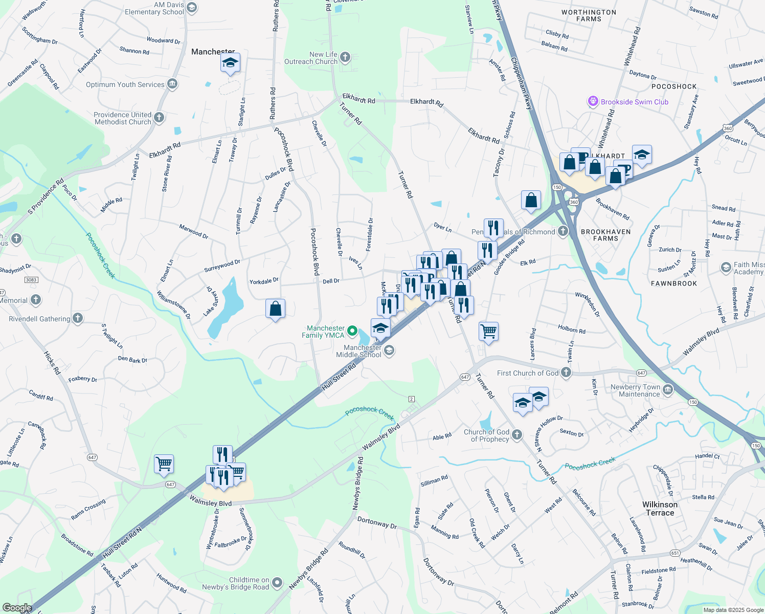 map of restaurants, bars, coffee shops, grocery stores, and more near 2324 McKesson Drive in Richmond