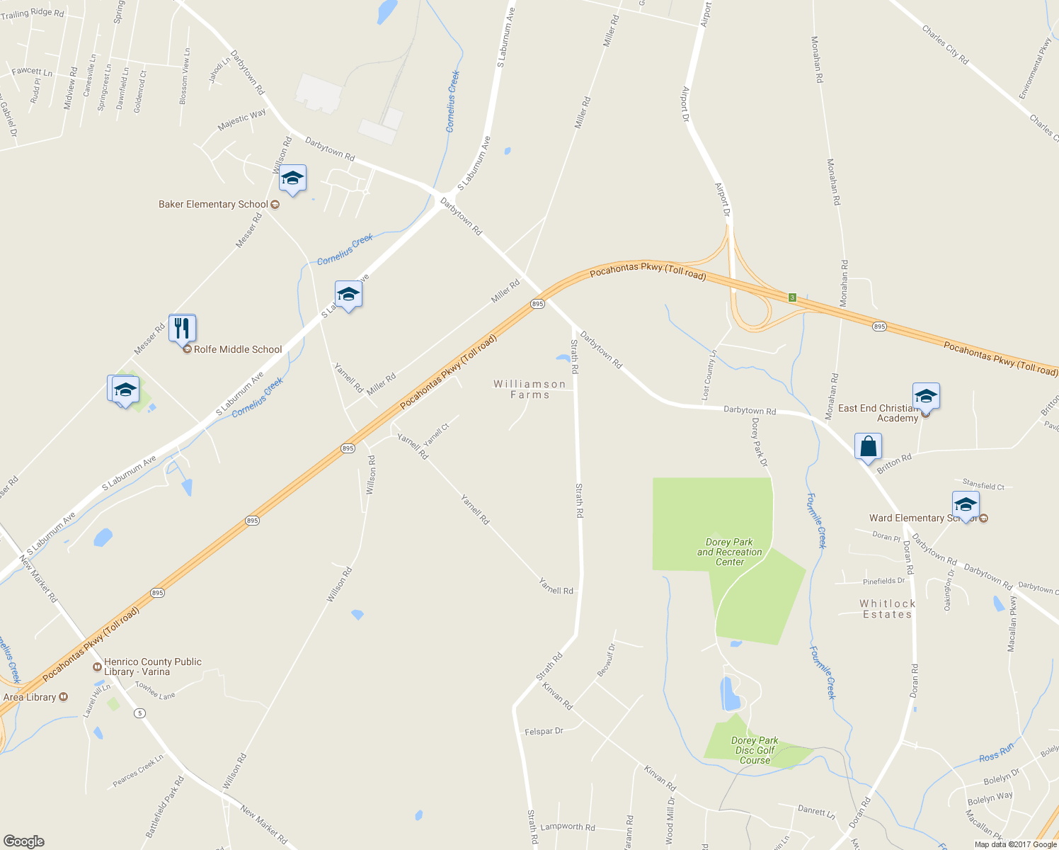 map of restaurants, bars, coffee shops, grocery stores, and more near 7025 Mosswood Road in Henrico