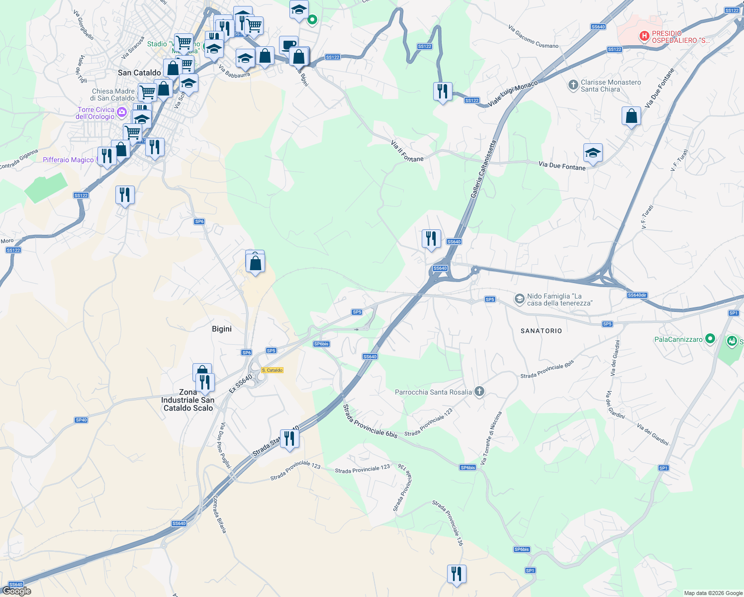 map of restaurants, bars, coffee shops, grocery stores, and more near in Free municipal consortium of Caltanissetta