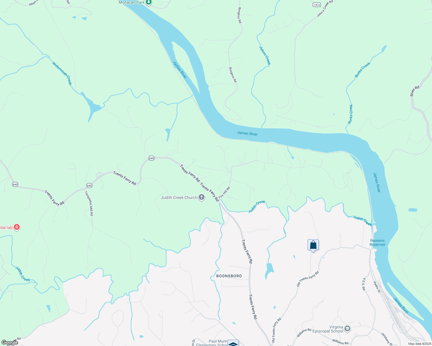 map of restaurants, bars, coffee shops, grocery stores, and more near 1134 Irish Court in Lynchburg