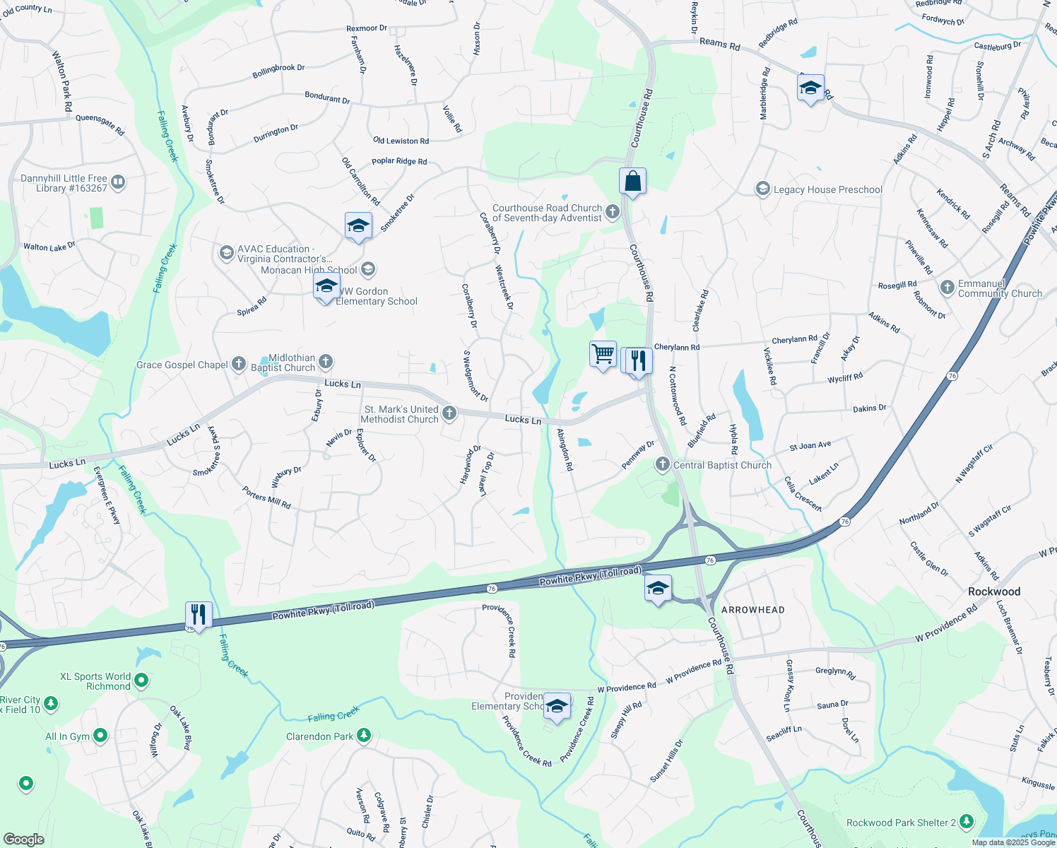 map of restaurants, bars, coffee shops, grocery stores, and more near 1201 Sweet Willow Drive in Midlothian