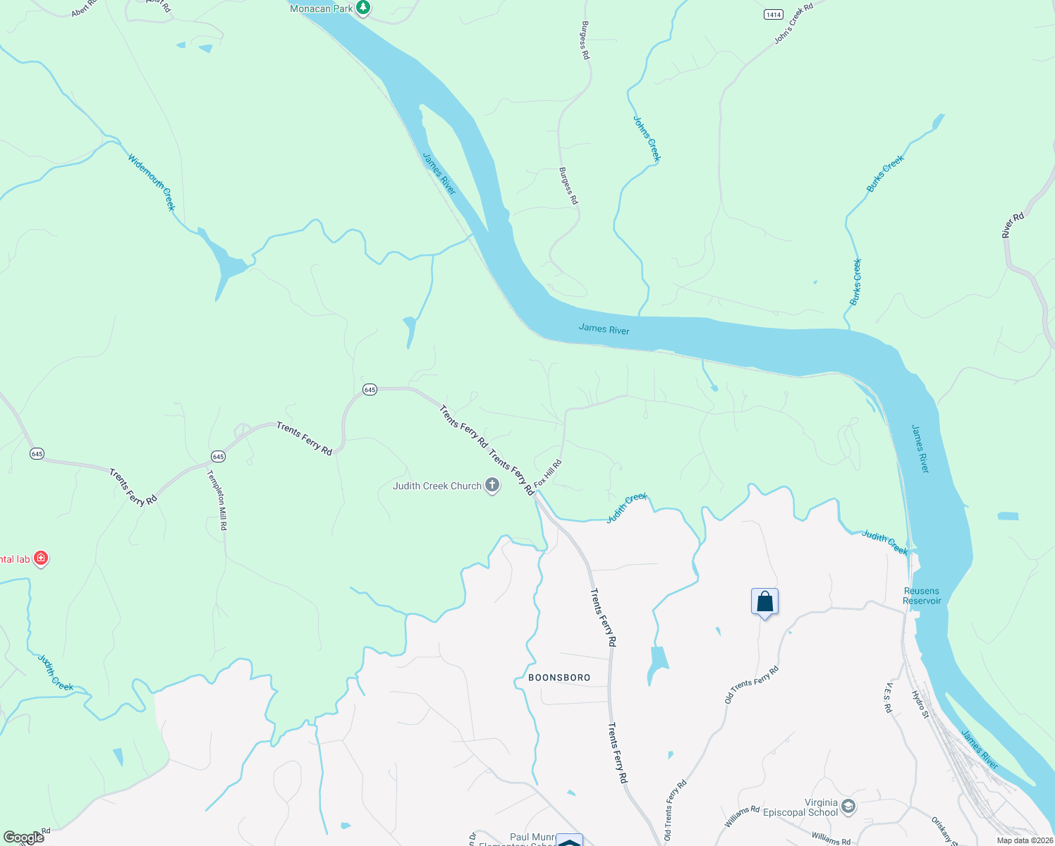 map of restaurants, bars, coffee shops, grocery stores, and more near 1134 Irish Court in Lynchburg
