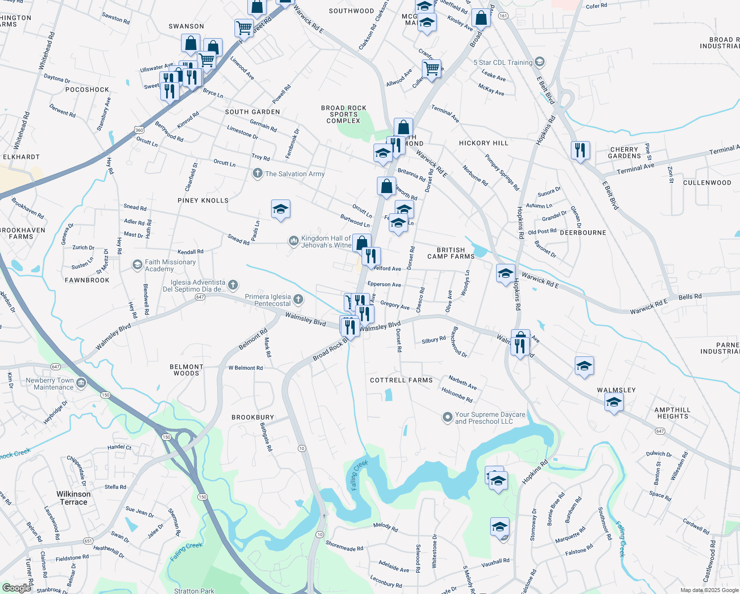 map of restaurants, bars, coffee shops, grocery stores, and more near 3222 Southall Avenue in Richmond