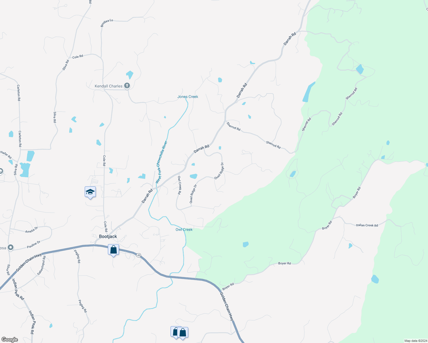 map of restaurants, bars, coffee shops, grocery stores, and more near 3637 Quail Ridge Drive in Mariposa