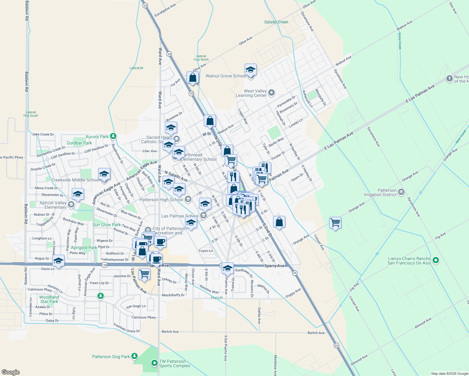 map of restaurants, bars, coffee shops, grocery stores, and more near 39 N 3rd St in Patterson