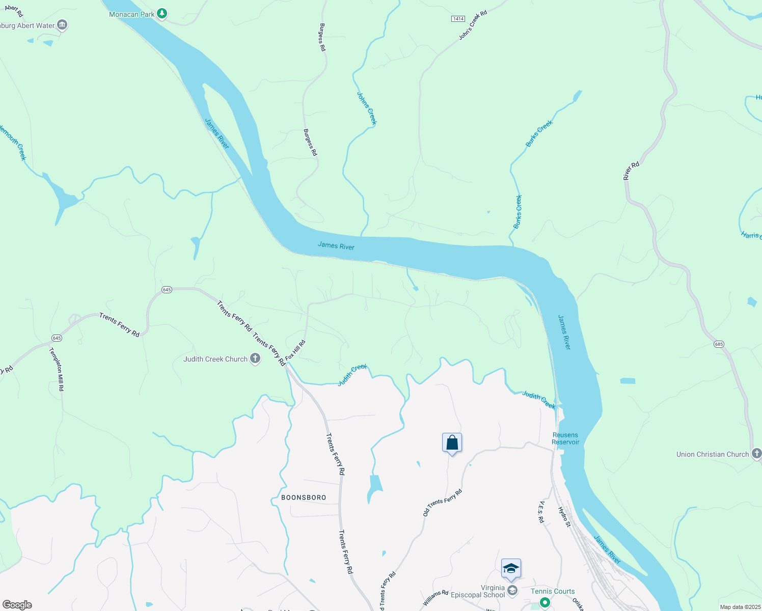 map of restaurants, bars, coffee shops, grocery stores, and more near 1651 Fox Hill Road in Lynchburg