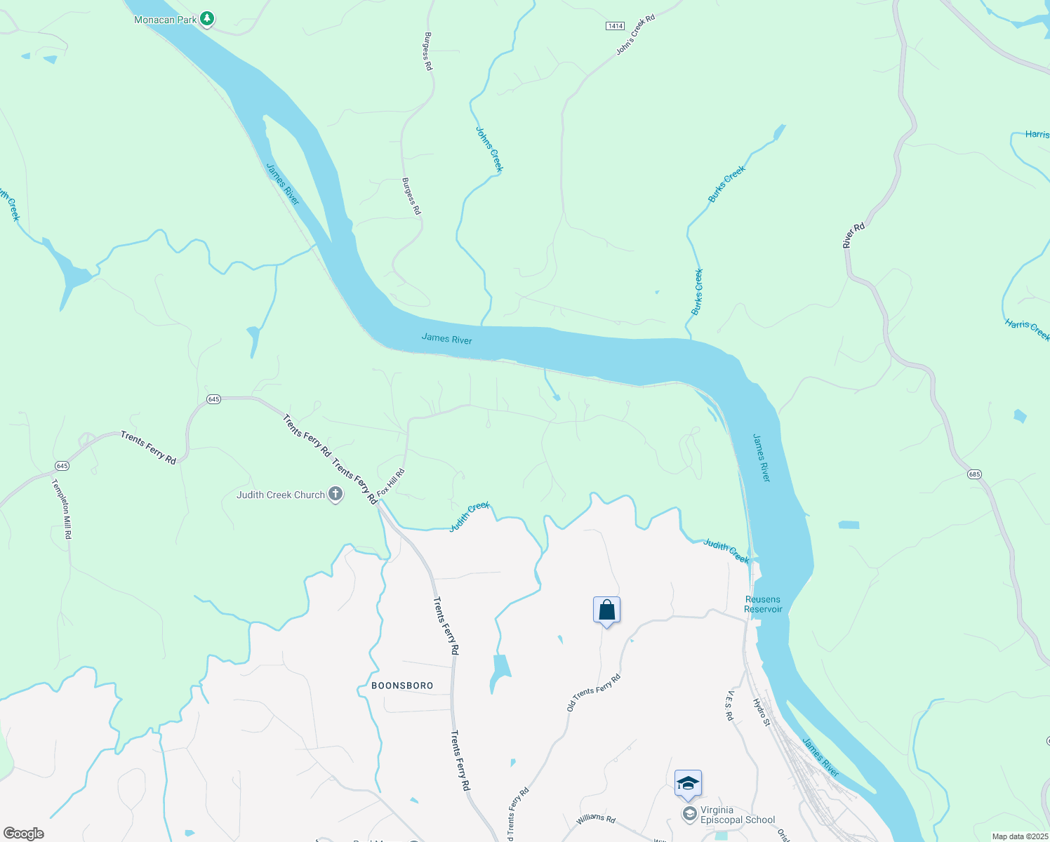 map of restaurants, bars, coffee shops, grocery stores, and more near 1651 Fox Hill Road in Lynchburg