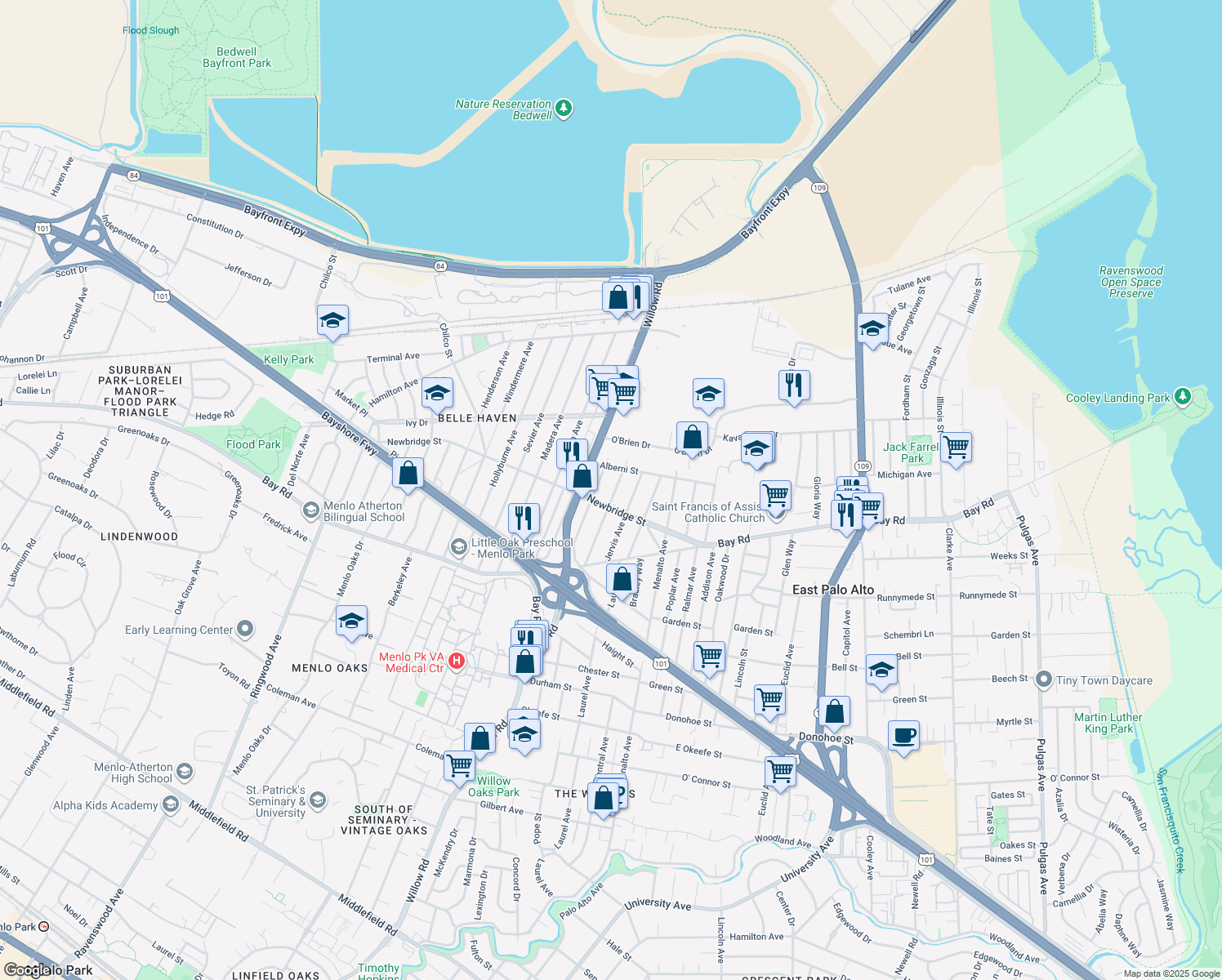 map of restaurants, bars, coffee shops, grocery stores, and more near 1221 Westminster Avenue in East Palo Alto