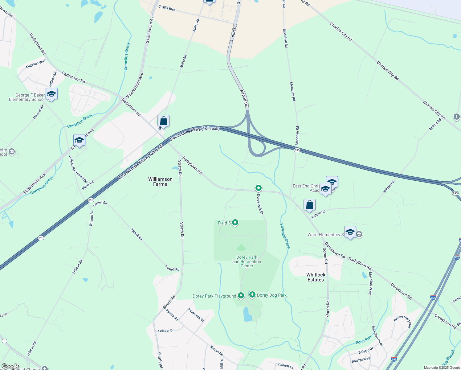 map of restaurants, bars, coffee shops, grocery stores, and more near 2880 Darbytown Road in Richmond