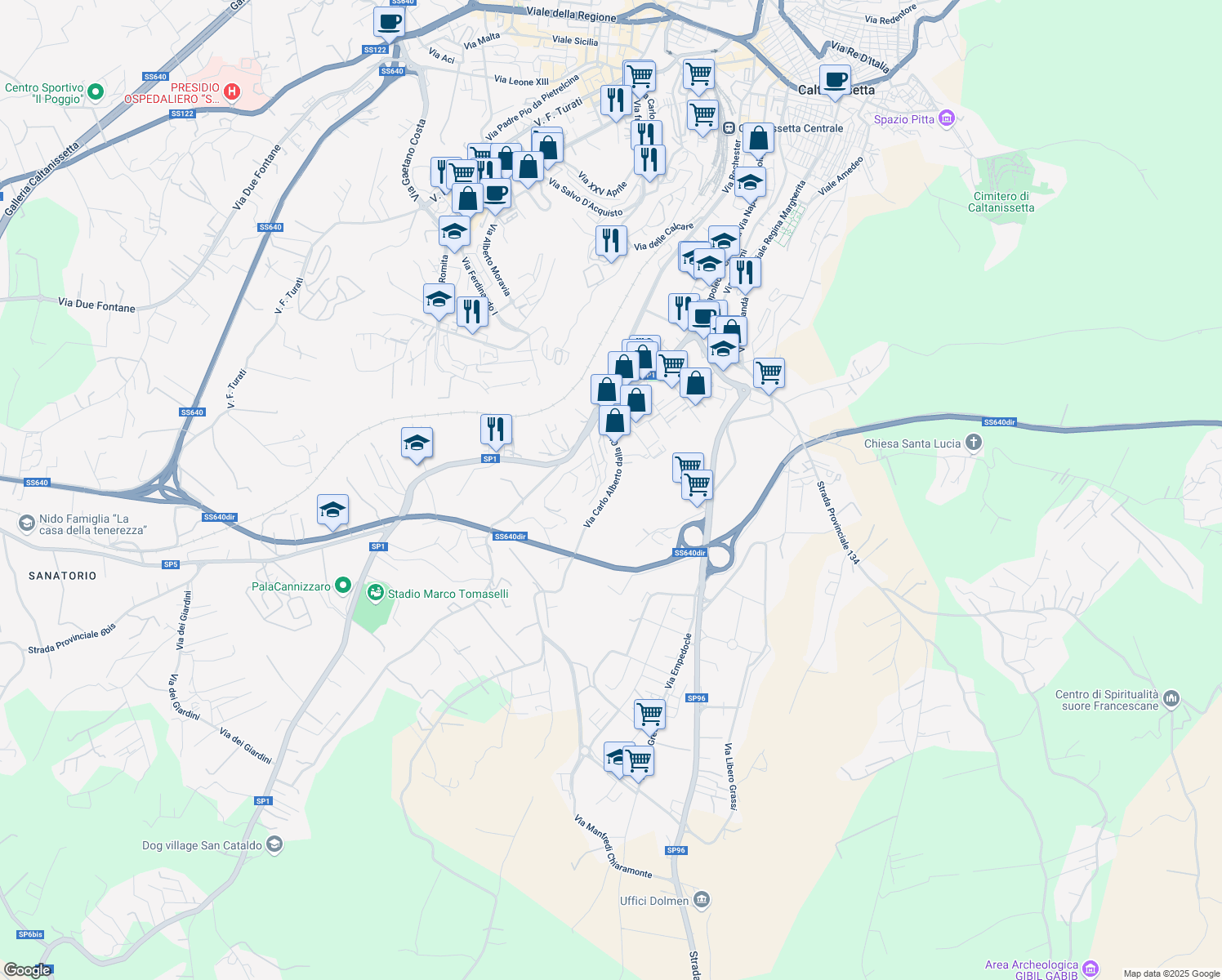 map of restaurants, bars, coffee shops, grocery stores, and more near Via Carlo Alberto dalla Chiesa in Caltanissetta