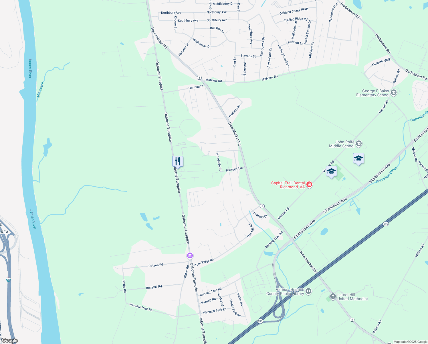map of restaurants, bars, coffee shops, grocery stores, and more near 6917 Wingate Street in Richmond