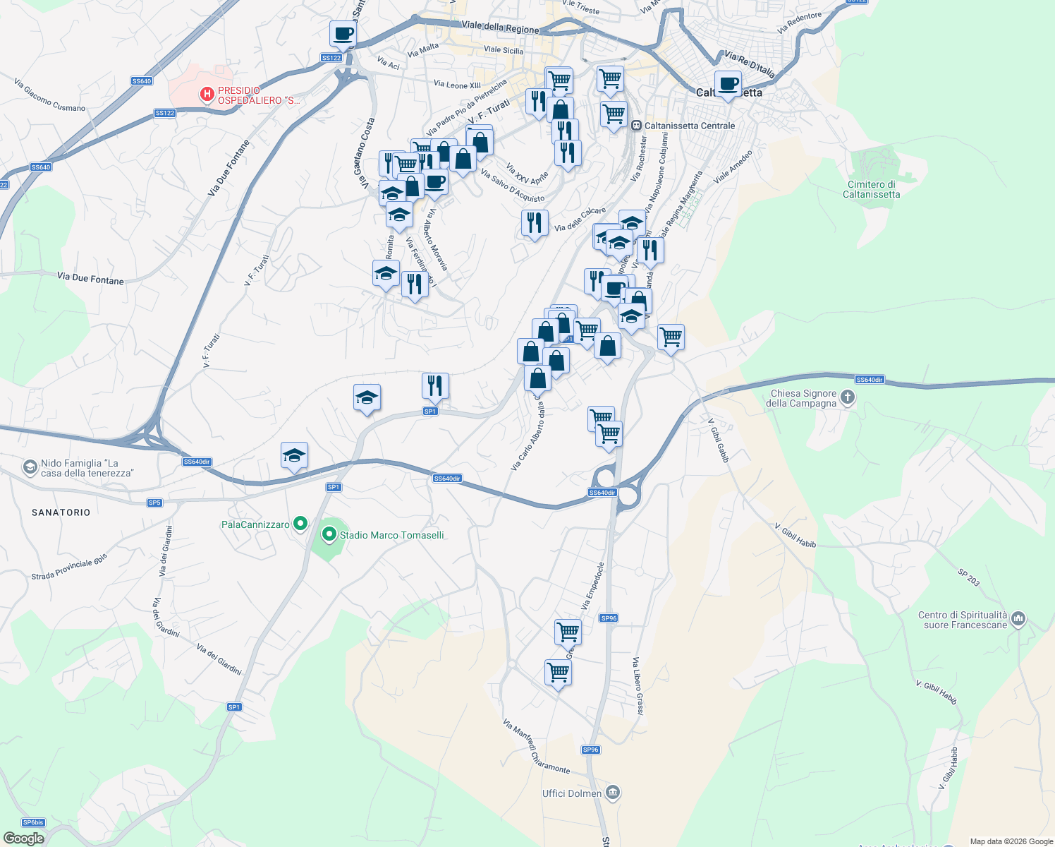 map of restaurants, bars, coffee shops, grocery stores, and more near Via Musco Angelo in Caltanissetta