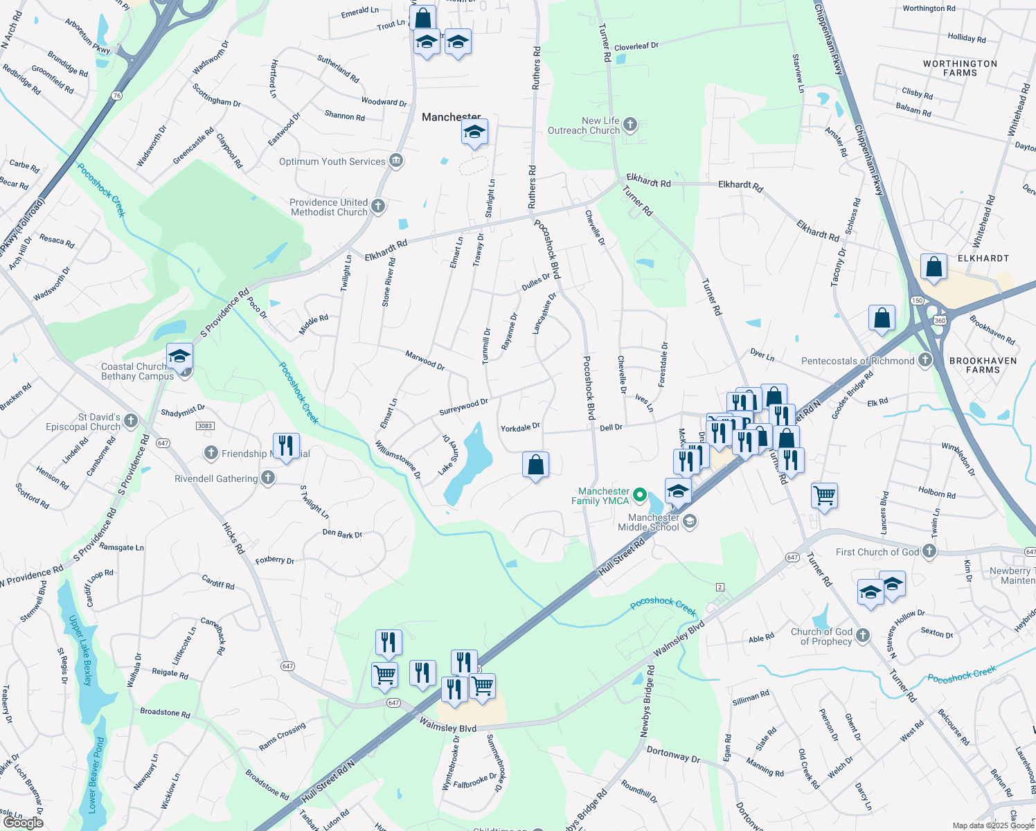 map of restaurants, bars, coffee shops, grocery stores, and more near 2026 Surreywood Court in Richmond
