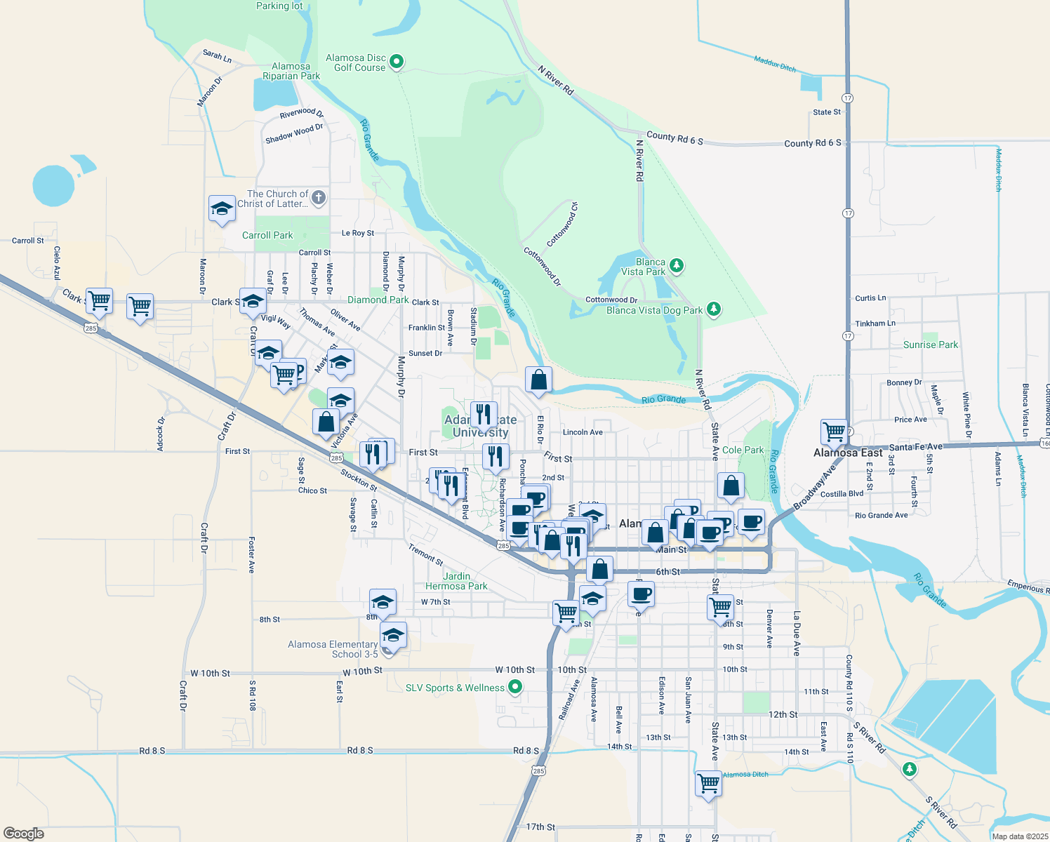 map of restaurants, bars, coffee shops, grocery stores, and more near El Camino Drive in Alamosa