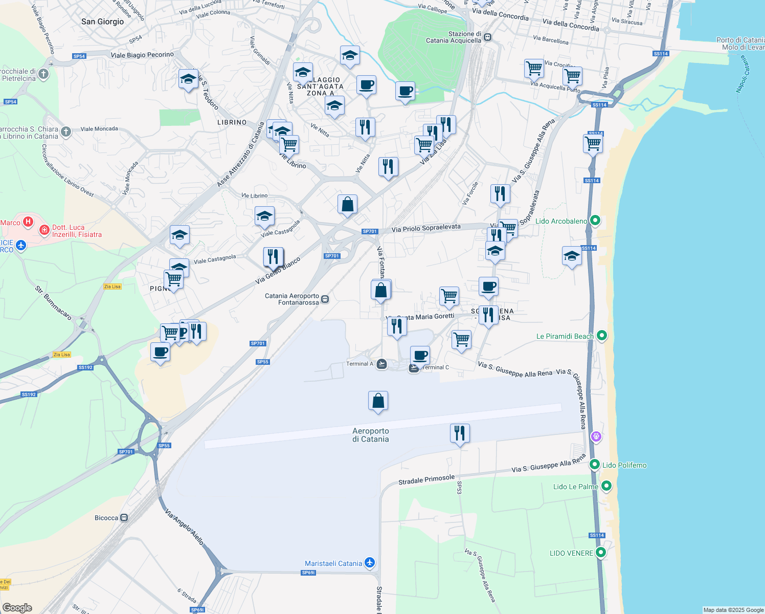 map of restaurants, bars, coffee shops, grocery stores, and more near Via Fontanarossa in Catania