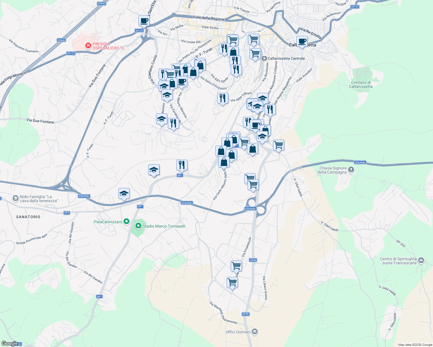 map of restaurants, bars, coffee shops, grocery stores, and more near Via Musco Angelo in Caltanissetta