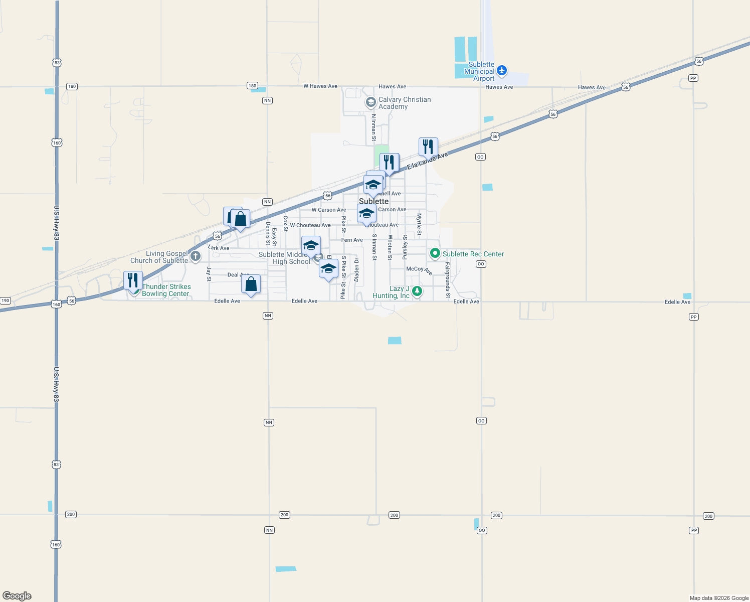 map of restaurants, bars, coffee shops, grocery stores, and more near 798 S Inman St in Sublette