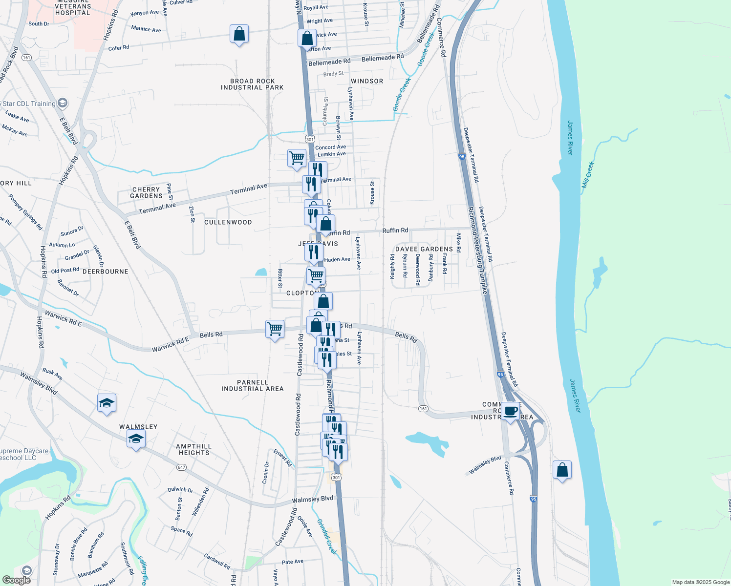 map of restaurants, bars, coffee shops, grocery stores, and more near 2414 Alexander Avenue in Richmond