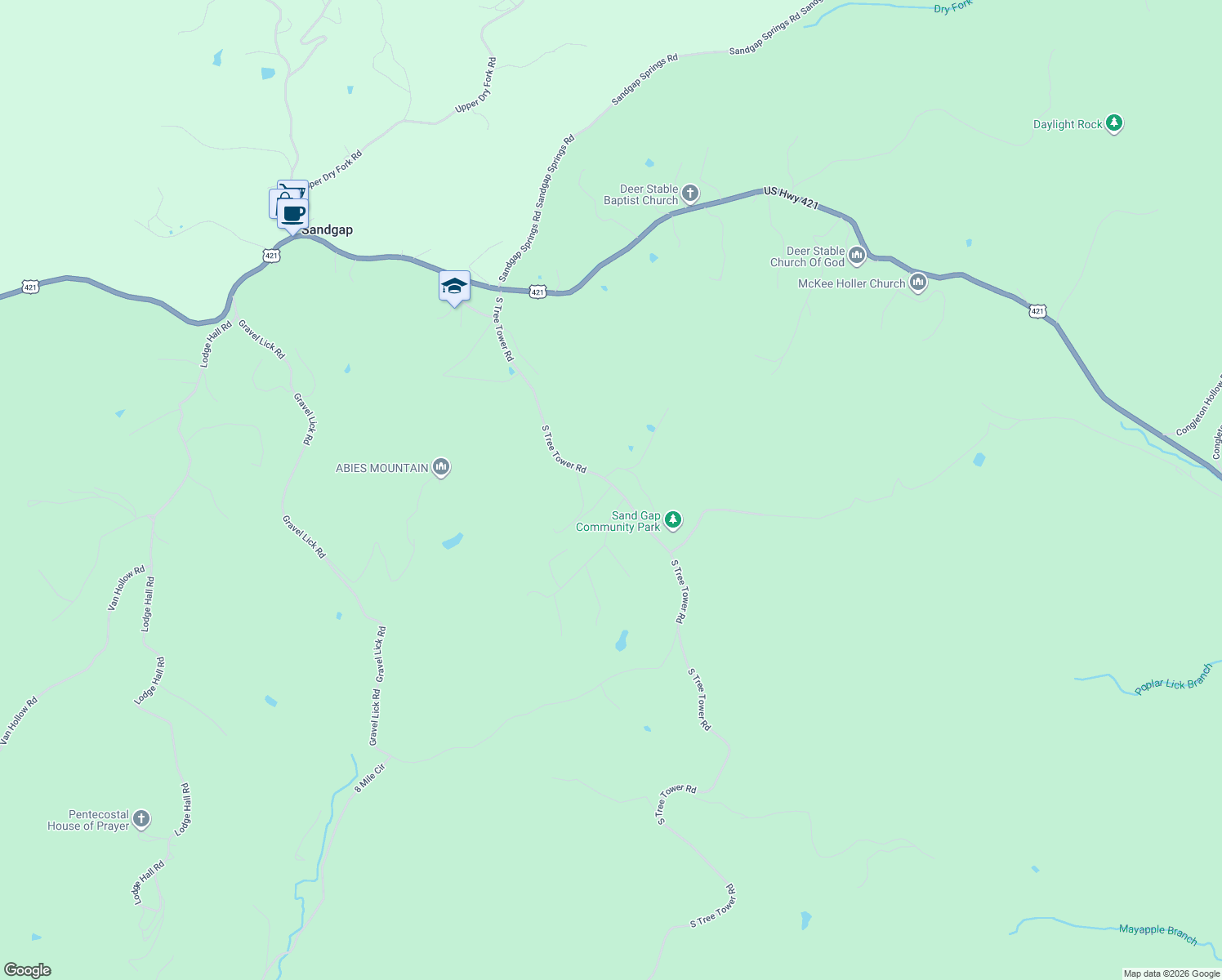 map of restaurants, bars, coffee shops, grocery stores, and more near South Tree Road in McKee