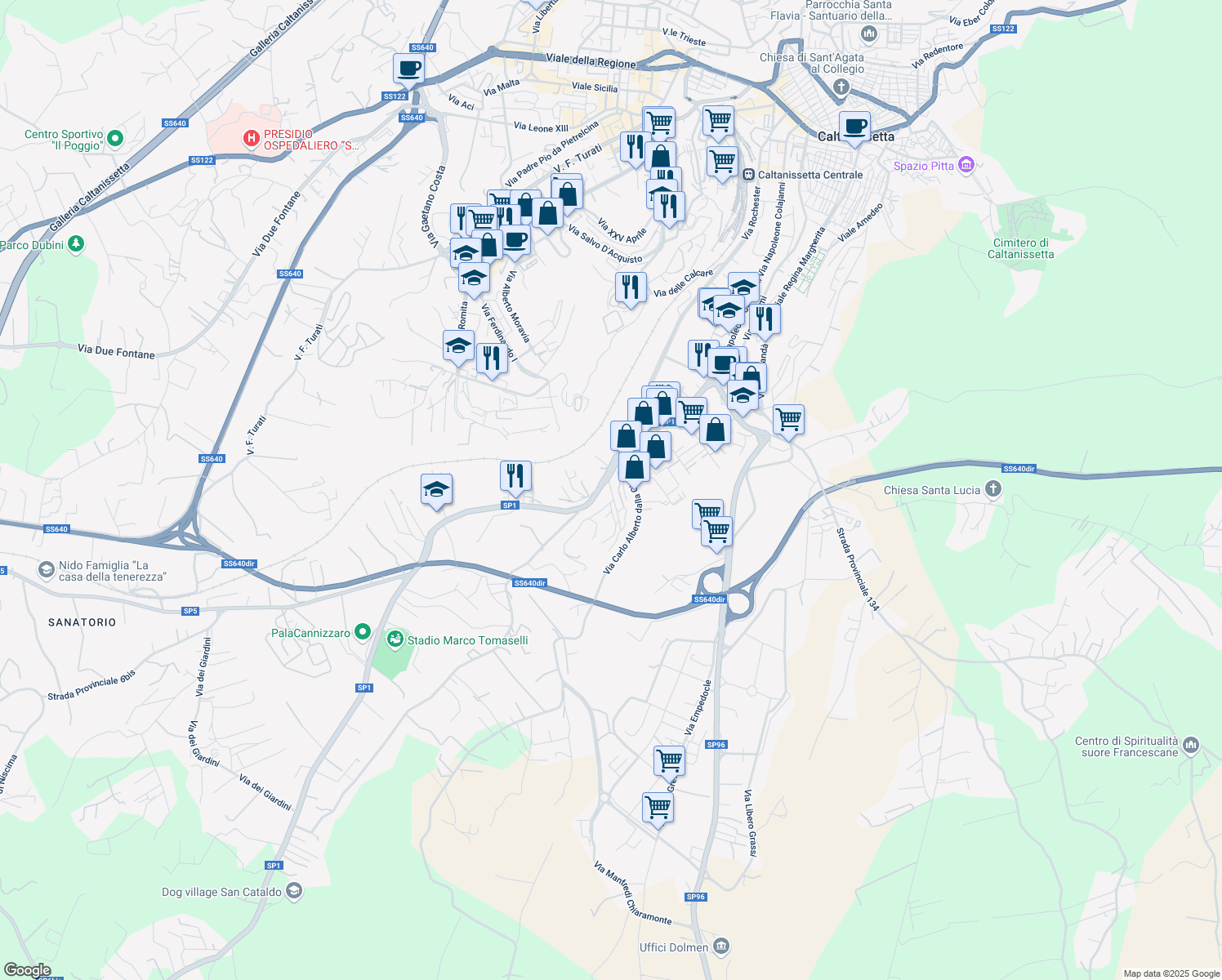 map of restaurants, bars, coffee shops, grocery stores, and more near 207 Via Carlo Alberto dalla Chiesa in Caltanissetta