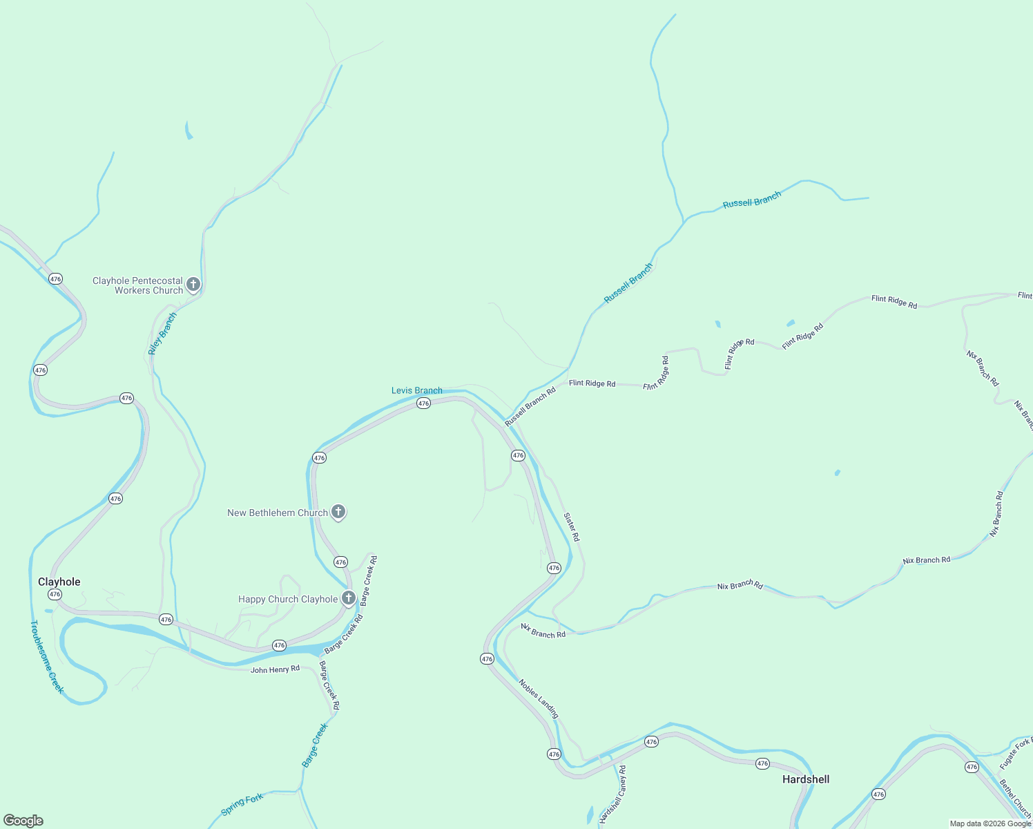 map of restaurants, bars, coffee shops, grocery stores, and more near 1 Russell Branch Road in Clayhole