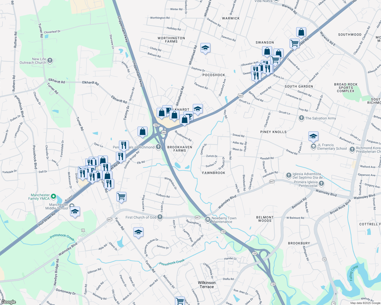 map of restaurants, bars, coffee shops, grocery stores, and more near 6337 Shadybrook Lane in Richmond