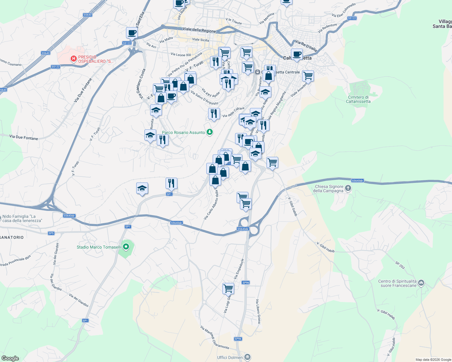 map of restaurants, bars, coffee shops, grocery stores, and more near 33 Via Michelangelo Caravaggio in Caltanissetta