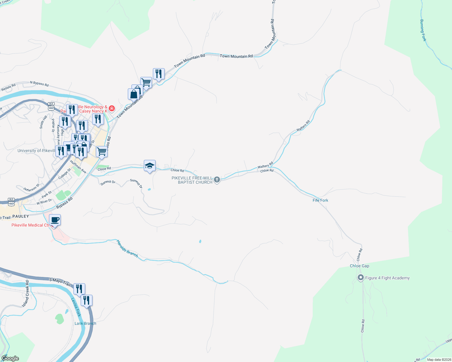 map of restaurants, bars, coffee shops, grocery stores, and more near 526 Chloe Road in Pikeville